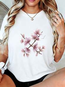 Women's Soft, Breathable And Comfortable T-Shirt - White Short-Sleeved Round Neck Top With A Floral Print Of Pink And Black Flowers, Casual Summer Blouse Suitable For Everyday Wear, Beach Outfits, And Vacation Outfits - 白色 - 查看 1