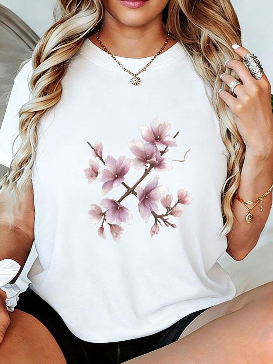 Women's Soft, Breathable And Comfortable T-Shirt - White Short-Sleeved Round Neck Top With A Floral Print Of Pink And Black Flowers, Casual Summer Blouse Suitable For Everyday Wear, Beach Outfits, And Vacation Outfits - 白色 - 查看 1
