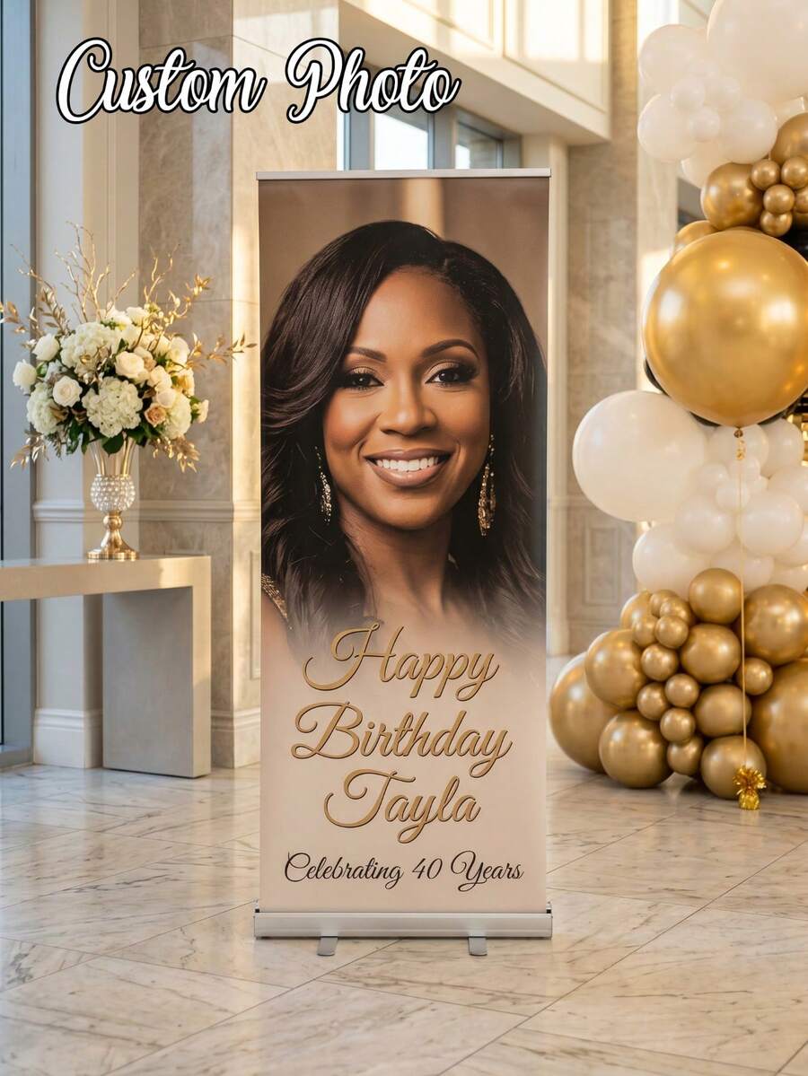 1pc Personalized Birthday Banner, Can Add Personal Name And Portrait. Vinyl Banner Designed For Birthday Party, Personalized Birthday Poster With Photo, Personalized Text And Pattern Banner, Suitable For Home Wall And Outdoor Decoration. Black And Gold Polyester Fiber Background, Personalized Black And Gold Graduation Logo With Photo, Perfect For Indoor And Outdoor Party Decoration And Party Setup - Multicolor - View 1