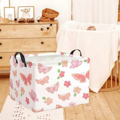 1PC Pink Butterfly Floral Print Rectangular Storage Basket, Foldable Fabric Organizer Bin With Handles For Girls Bedroom Nursery Toys & Clothes