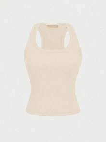 Camiseta de tirantes de mujer Floreya con cuello cuadrado, top corto casual de ajuste ceñido sin mangas, versátil para usar por sí solo o en capas, estilo minimalista francés, apto para todas las estaciones, verano - Albaricoque - Ver 3