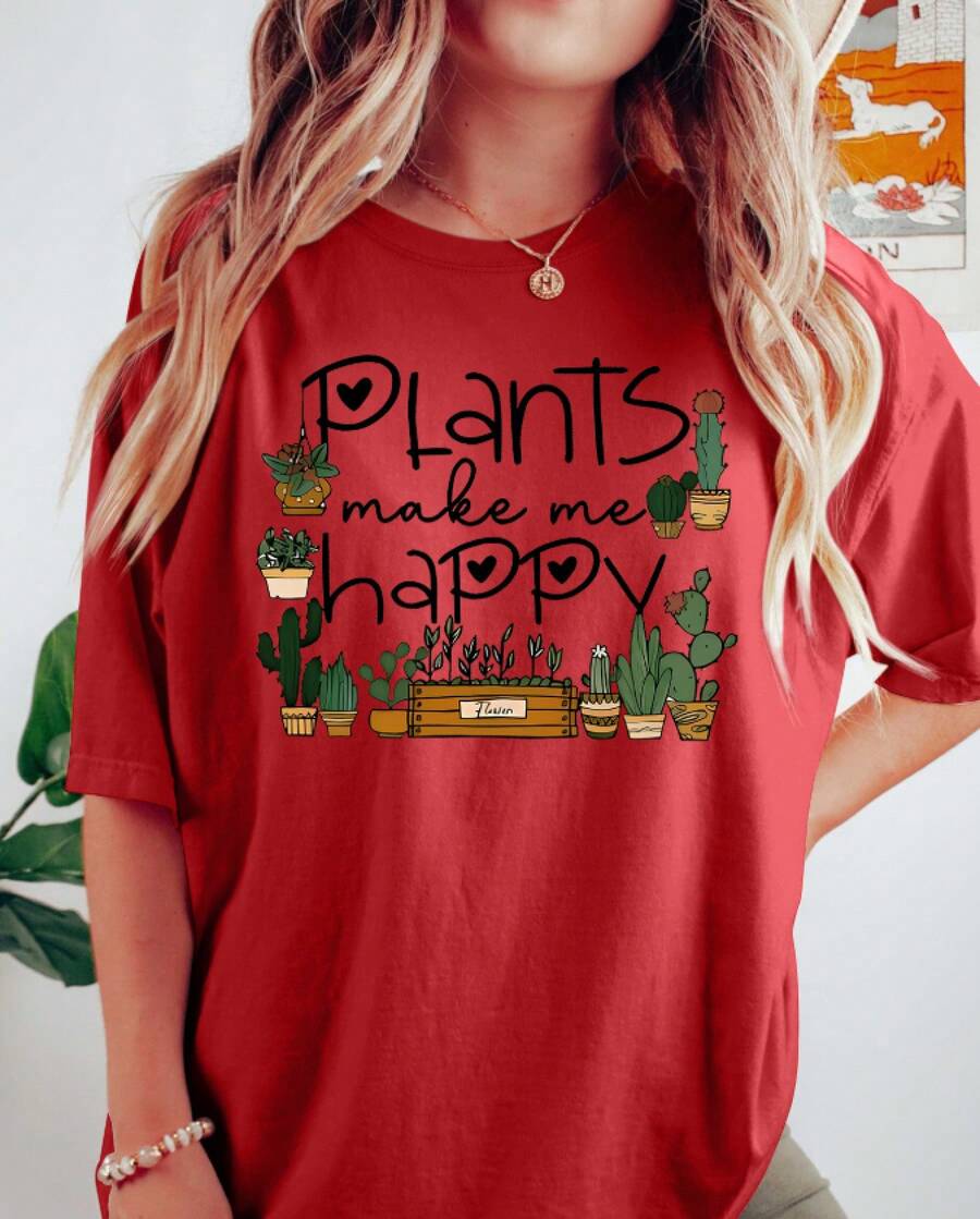 Camiseta de Mujer con Estampado de Planta Verde en Maceta |   Camiseta Unisex de Estilo Urbano Vintage, de Algodón, Manga Corta y Cuello Redondo - Rojo - Ver 1