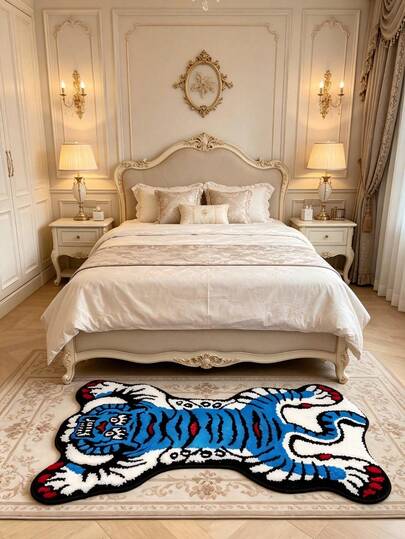 1 pieza Alfombra de área con forma de tigre azul asimétrica y súper genial, esta alfombra con estilo de tatuaje vintage de tigre azul presenta un alto contraste de azul y blanco para delinear la imagen del feroz tigre, acentuada con detalles rojos y negros, emanando un estilo callejero. Ya sea en el baño, el dormitorio o la entrada, colocar esta alfombra ilumina instantáneamente el espacio y se convierte en la esquina personalizada talla grande llamativa, una alfombra decorativa imprescindible que marca el ambiente.