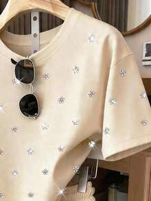Conjunto informal de 2 piezas de mujer con estampado digital de rayas, cuello redondo y mangas cortas, regalo para amigos - Albaricoque - Ver 3