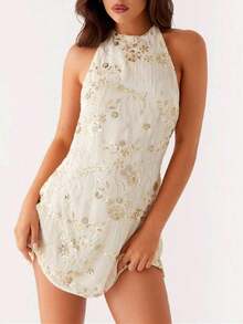 2026 Spring/Summer New European And American Elegant Women's Dress Series Orange Embroidered Halter Dress, Sleeveless Bodycon Party Dress Club & Evening KI6V - 杏色 - 查看 12