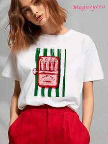 Camiseta para mujer con estampado divertido de lata de sardinas,estilo casual artístico y moderno,tela suave 220g de alta calidad - Blanco - Ver 7
