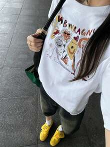 女士圆领短袖T恤，夏季新款卡通图案字母印花，时尚休闲宽松上衣 白色 - 白色 - 查看 10