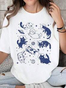1 pieza de camiseta de verano para mujer con estampado gráfico de gato en el espacio, cuello redondo, manga corta, sencilla, casual, para uso diario, camiseta divertida de gato, camiseta vintage con gráfico estético, tops para mujer, ropa de verano para damas, color blanco, 180g, 100% algodón. - Blanco - Ver 4