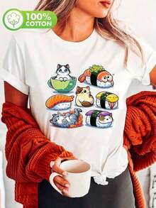 Camiseta de manga corta con estampado de gato de anime para mujer - Cuello redondo, ligeramente elástica, longitud regular, para todas las estaciones - Tejido, 180Gm² 100% algodón - Blanco - Ver 10