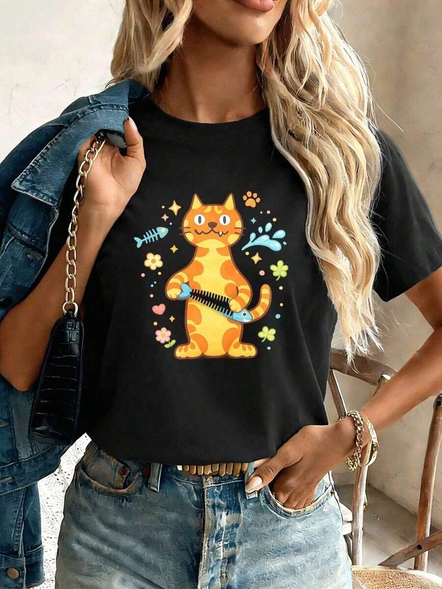 Camiseta de manga corta para mujer con estampado de gato de dibujos animados, ideal para primavera, de algodón suave, cuello redondo, corte holgado y cómoda, estilo hip-hop urbano. - Blanco - Ver 1