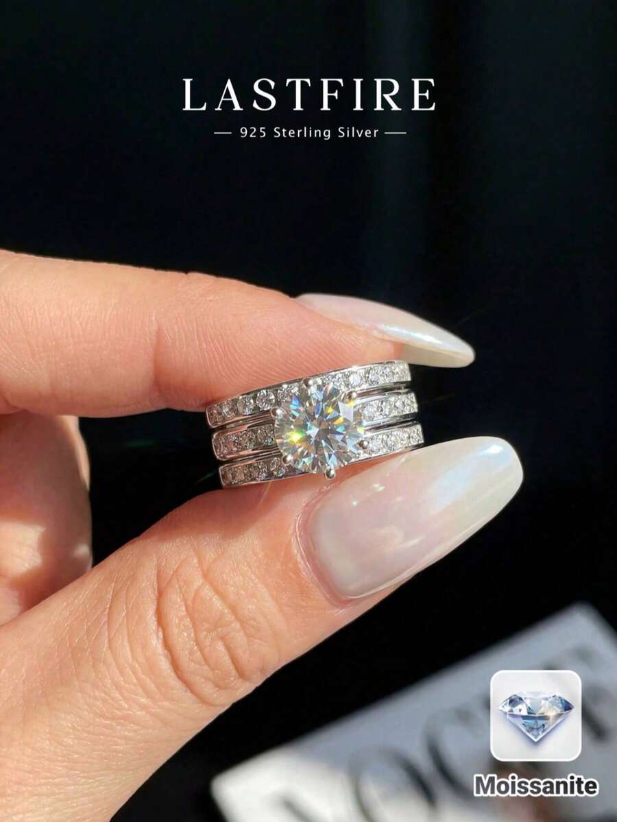 Bộ 3 nhẫn bạc 925 đính kim cương và đá Moissanite 2.0ct hình vương miện, trang sức cưới sang trọng, thích hợp làm quà tặng đính hôn, cưới, sinh nhật, kỷ niệm. - Nhẫn Moissanite hình vương miện - 2 carat - Xem 1