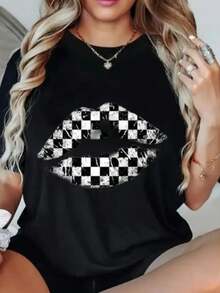 Women's Round Neck Printed Short Sleeve T-Shirt, Casual Loose Fit, Super Soft & Comfortable Fabric, Ins Street Fashion Style, Classic All-match Graphic Tee, Breathable Lightweight Daily Basic Top, Perfect for Daily Wear, Casual Vacation, Office Commute, Outdoor Going Out, Weekend Gathering, Shopping and Leisure Activities, Ladies Trendy Oversized Casual Pullover T-Shirt - Negro - Ver 3