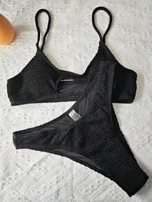 歐美新款夏季性感黑色比基尼，女款鏤空純色高腰墊肩兩件式坦基尼泳衣度假裝 - 黑色低腰 - 查看 5