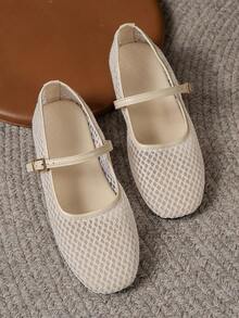 Summer New Mesh Hollow Out Ballet Women Shoes, Low Vamp Square Toe Buckle Breathable Flat Shoes, Daily Commute Versatile - Chantilly - View 5