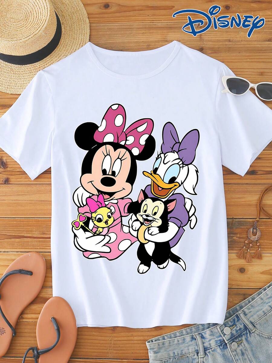 Disney 1 chiếc áo thun nam tay ngắn dáng rộng in hình hoạt hình chuột Minnie dễ thương, cổ tròn, kiểu dáng thường ngày, chất liệu dễ giặt ủi, thời trang thường nhật. - trắng - Xem 1