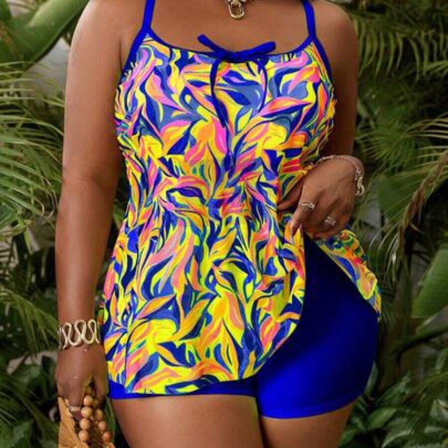 Plus Size Women Random Floral Print Tankini 2pcs/Set Camisole Style Swimwear, Beach Vacation, Summer - azul real - Ver 1