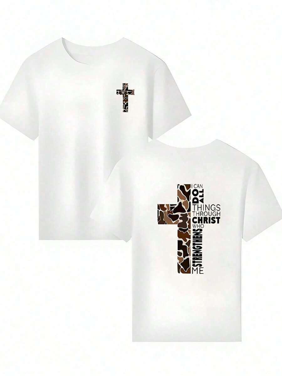 Casual T-Shirt For Valentine's Day Gift, Graphic Print T-Shirt "I Can Do All Things Through Christ Who Strengthens Me" For Men And Women, Double-Sided Camouflage Print With Cross, Small Cross Design On The Front And Large Cross On The Back With Bible Verse, Short Sleeve Crew Neck Loose Fit T-Shirt, Soft And Comfortable For Everyday Wear On Holidays And To Pair With Casual Outfits, Ideal For Christian And Spiritual Occasions (Single Piece, Material: 100% Cotton) Crew Neck 100% Cotton Soft Fabric Short Sleeve - 白色 - 查看 1