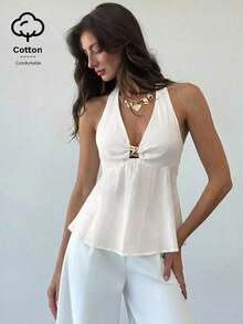 Camisa de lino con decoración metálica en la cintura, corte evasé para mujer, primavera/verano - Blanco - Ver 1
