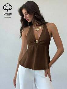 Camisa de lino con decoración metálica en la cintura, corte evasé para mujer, primavera/verano - Café integral - Ver 8