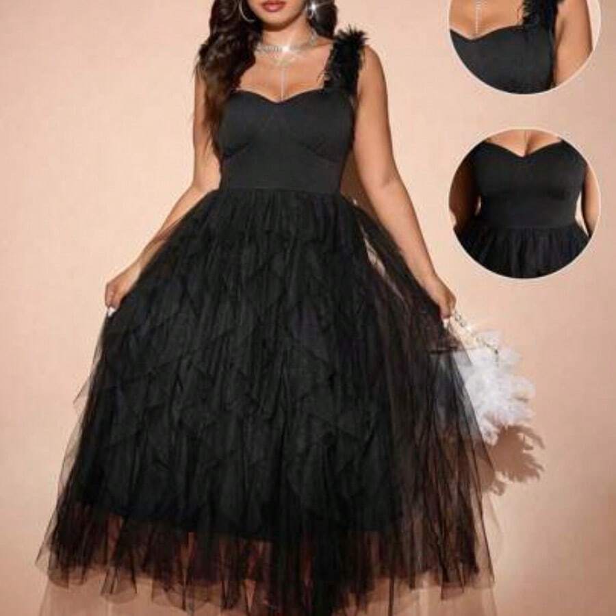 Cravure Plus Size Solid Color Elegant Sleeveless Party Dress With Mesh Splice Maxi Women Outfit - Negro - Ver 1
