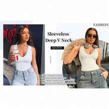 ZZL Paquete de 2 Bodysuits Escote en V| Top Acanalado Sin Mangas tipo Leotardo| Moda Sensual para Fiestas y Antro - blanco y negro - Ver 10