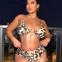 Swim  Plus Size Leopard Print 3-Piece Bikini Set For Beach In Summer - Rosa Fucsia - Ver 5