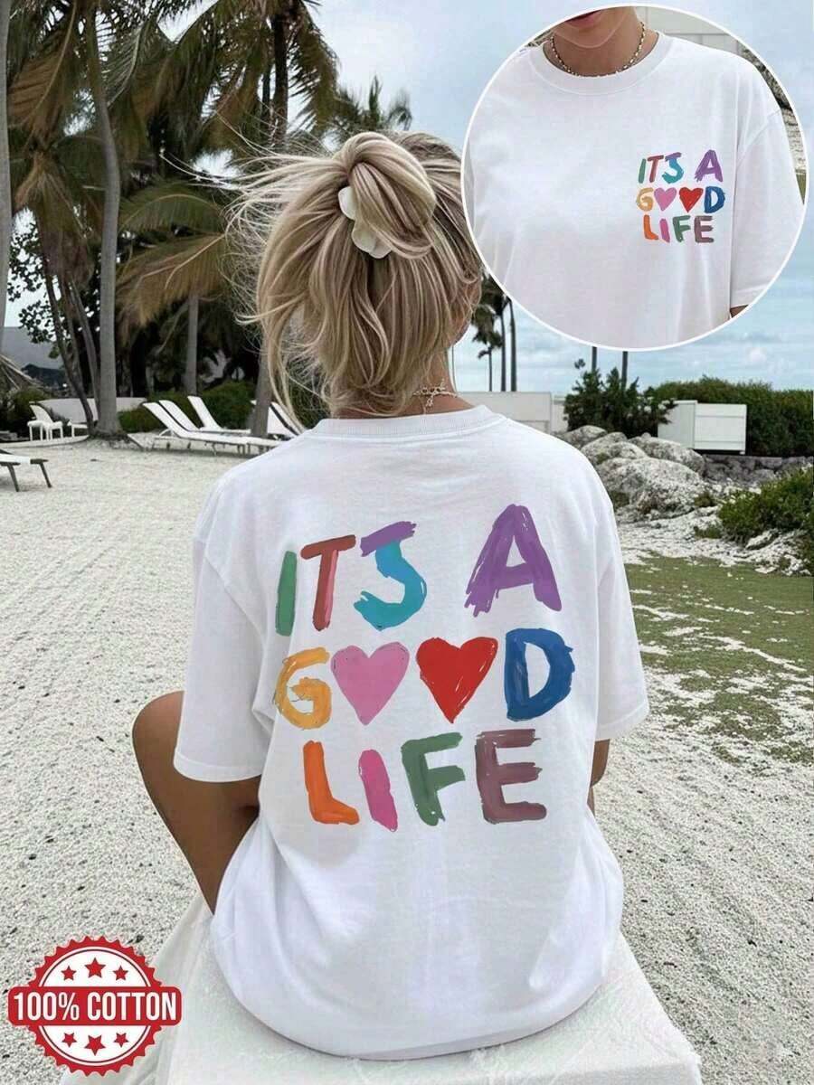 [Impresión a Doble Cara] Camiseta Holgada Casual de Verano para Mujer, Estilo Pintado a Mano, Estampado de Corazón y la Frase "ITS A GOOD", Cuello Redondo, Manga Corta, Hombros Caídos, Camiseta Oversize de Algodón Puro [Más Vendida 1] 100% Algodón, Camisetas de Verano - Blanco - Ver 1