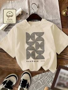 Camiseta de manga corta para mujer con diseño geométrico Bauhaus, estilo retro juvenil de celebridades de internet, 100% algodón puro, cuello redondo, diseño estampado, estilo casual suave y cómodo, disponible en múltiples colores para primavera, verano y otoño, una excelente opción de regalo. - Blanco - Ver 7