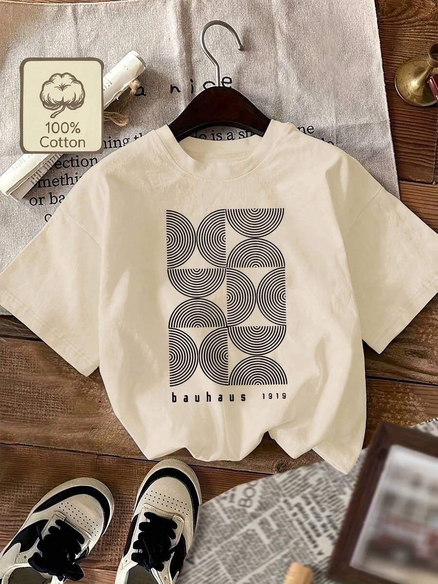 Women's Short-Sleeved T-Shirt With Bauhaus Geometric Design, Retro Youthful Style Of Internet Celebrities, 100% Pure Cotton, Round Neck, Printed Design, Soft And Comfortable Casual Style, Available In Multiple Colors For Spring, Summer And Autumn, An Excellent Gift Choice. - 杏色 - 查看 1