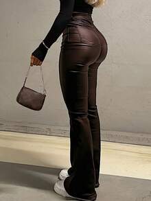Pantalones acampanados de estilo estadounidense de primavera con efecto de piel sintética negra, estilizadores y alargadores de piernas, de moda para mujeres jóvenes de uso casual - Marrón Chocolate - Ver 4