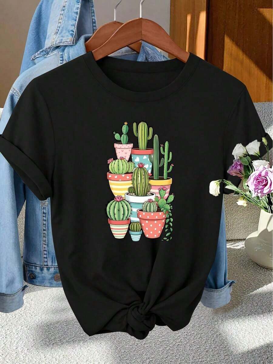 Camisetas Gráficas Elegantes para Mujer, Regalo, Estampado Colorido de Cactus en Maceta, Cuello Redondo, Primavera Verano Otoño, Manga Corta, Camiseta Moderna para Sesiones de Fotos, Viajes al Trabajo, Vacaciones, Uso Diario, Estilo Retro Versátil, 100% Algodón Y2k Camiseta Camisa De - Negro - Ver 1