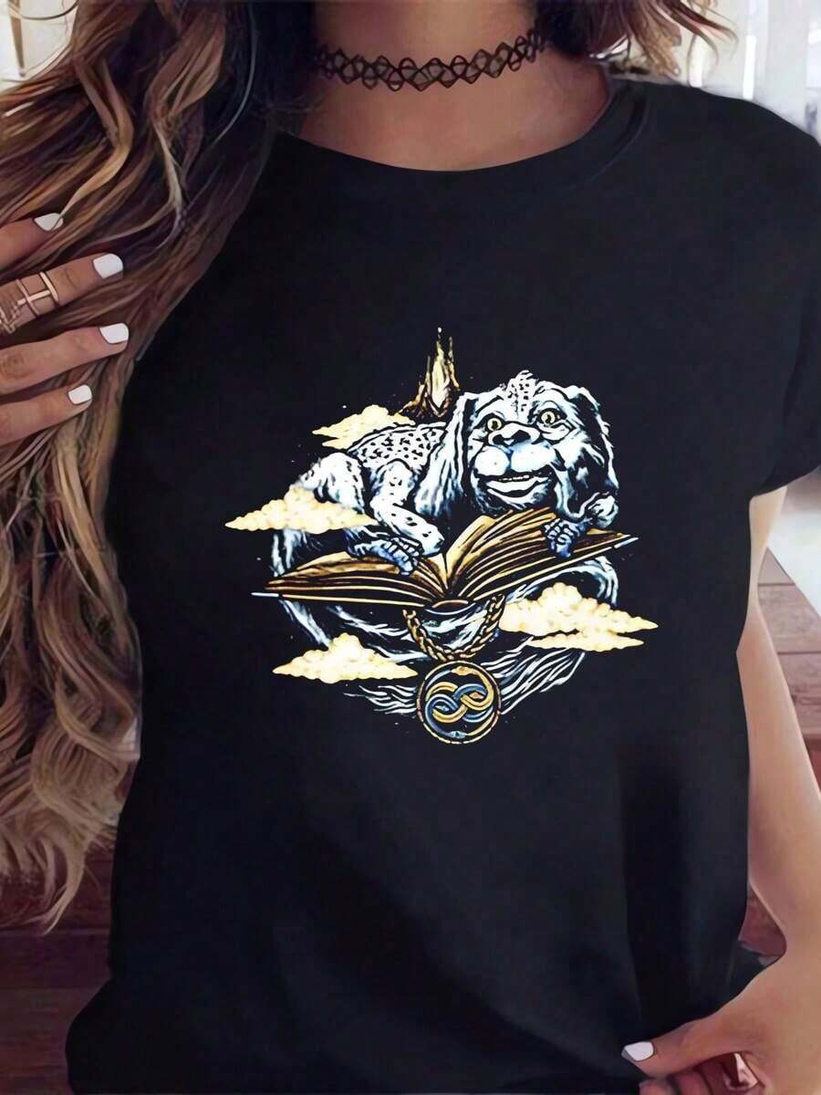 Camiseta de Cuello Redondo con Estampado de Historia Interminable a la Moda para Mujer, de Algodón Suave, Casual, de Manga Corta - Negro - Ver 1