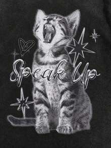 Men's And Women's 100% Cotton Loose Fit Acid-Washed Fabric T-Shirt, Vintage Grunge Punk Style For Women, With Cute Cat Print, Unisex, For School. - 黑色 - 查看 3