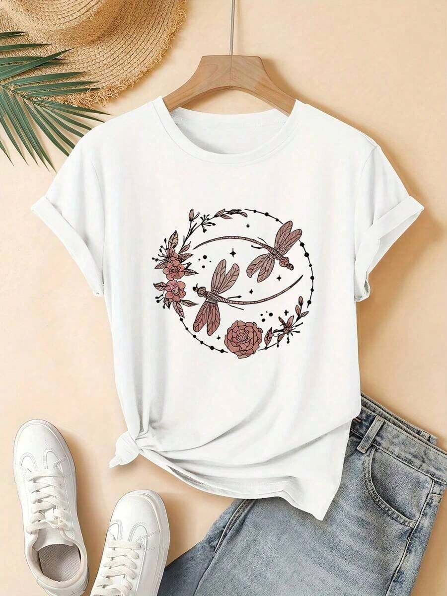 Verano 2025, Nueva Llegada de Verano, Camiseta con Estampado Floral de Libélula, Camiseta Elegante de Moda Casual Estilo Coreano para Primavera/Verano TopY2Y - Conjuntos de Primavera para Mujer, Tops de Verano, Conjuntos de Verano para Mujer |     Diseño exquisito |     Suelto y cómodo |     Fácil de combinar | - Blanco - Ver 1