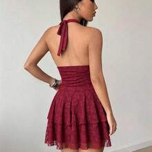 Petite Women's Red Sleeveless V-Neck Lace Patchwork Sexy Mini Dress Bachlorette Party Dress Red Lace Dress - Burdeos - Ver 3