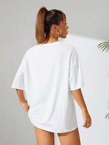 Plus Size - Plus Size - Casual Short-Sleeve Round Neck Top For Women Featuring A Floral Print, Made From 100% Fabric With A Letter Pattern Design, Suitable For All Seasonstops For Women - White - View 2