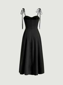 Vestido con abertura y lazo floral - Negro - Ver 2
