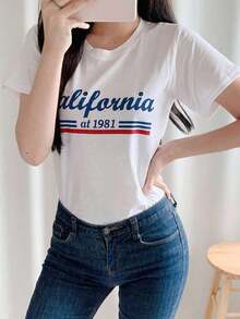 ropa de calor mujer Camiseta de cuello redondo con gráfico de letras para el verano - Blanco - Ver 3