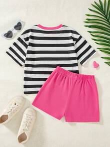 Set de 2 piezas de top de manga raglán con estampado de rayas y shorts de unicolor, estilo casual para niñas, primavera/verano - Negro - Ver 2