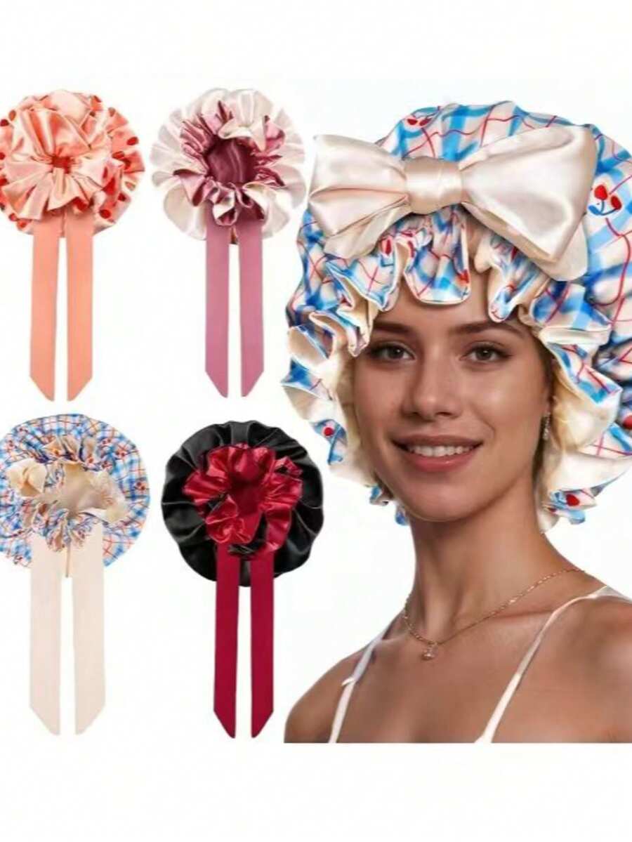 Mũ ngủ bằng lụa dành cho nữ, mũ ngủ satin hai lớp in họa tiết, mũ trùm tóc satin, có dây buộc và dây đeo điều chỉnh được, dành cho tóc xoăn. - Nhiều màu - Xem 1