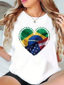 Creative Design T-Shirts With "LOVE" Brazil Heart Print, Casual And Cute Style, Short Sleeve And Round Neck, For Women, Summer Fashion, Ideal For Daily Outings, Camping, Concerts, Hip-Hop, Rock And Rap Events. - 白色 - 查看 1