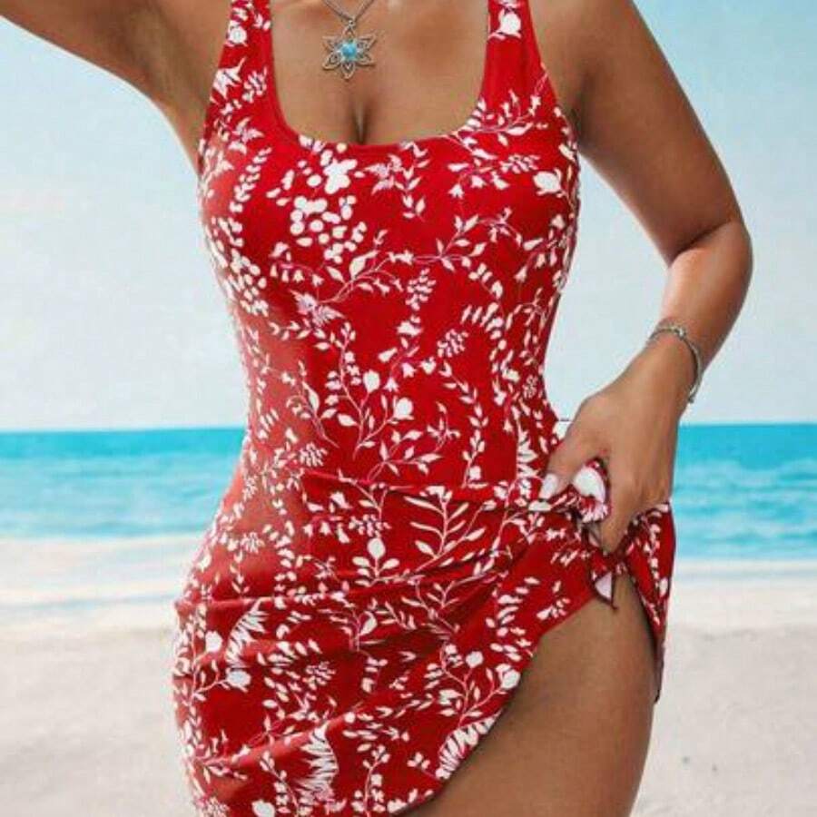 1pc Women's Resort Beach Floral Print One-Piece Swimsuit For Summer Beach Vacation - Rojo y blanco - Ver 1
