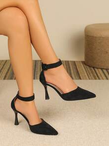 Elegant Black Velvet Strap Pointed Toe Stiletto Heels, Visually Elongating Legs - Black - View 4