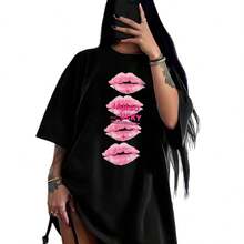 Top de Verano 2026, Estilo Europeo y Americano, Sexy, Dulce y Picante, con Estampado de Labios, Holgado, Versátil y a la Moda - Negro - Ver 6