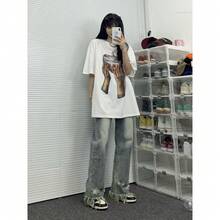 Camiseta holgada de manga corta unisex de talla grande, estilo retro americano,  nacional, hip-hop, para parejas, verano, diseño urbano europeo y americano. - Negro - Ver 4