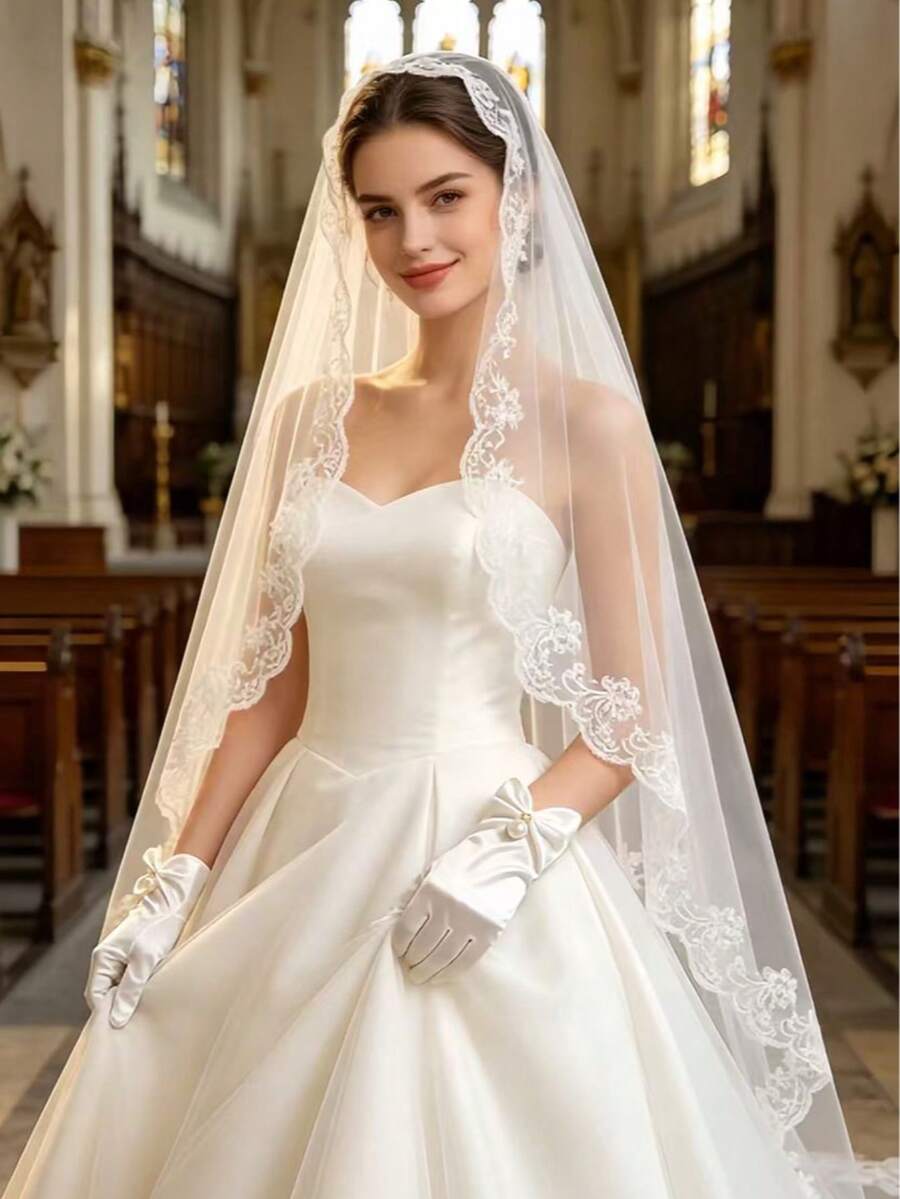 Bộ phụ kiện cưới 2 món gồm khăn voan cô dâu viền ren và găng tay ngắn bằng satin đính ngọc trai, kiểu dáng nhà thờ màu trắng, phù hợp cho đám cưới, chụp ảnh, tiệc độc thân. - trắng - Xem 1