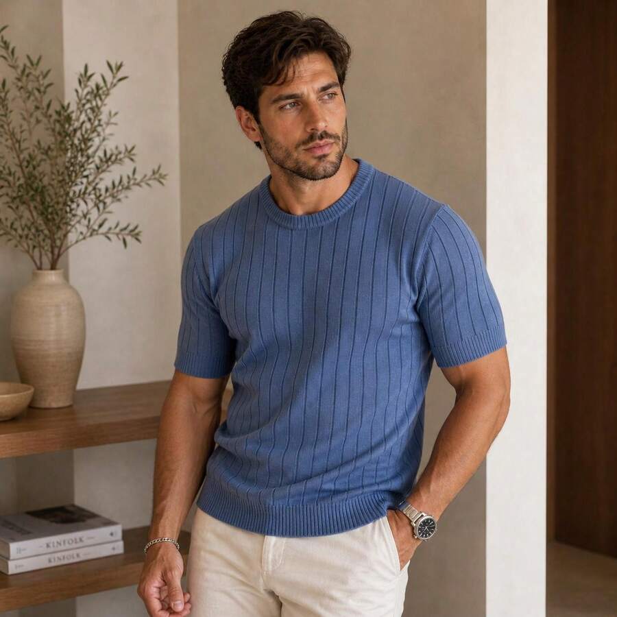 TRICOT DE LUXO Men's Lightweight Textured Knit T-Shirt, High Quality, Spring, Summer, Autumn, Premium Quality - 藍色 - 查看 1