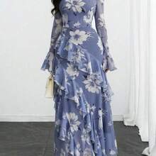 Women's Elegant Sexy Modern Luxurious Long Sleeve Y2K Romantic Ruffle Double Layer Printed Dress Vacation - Multicolor - Ver 6
