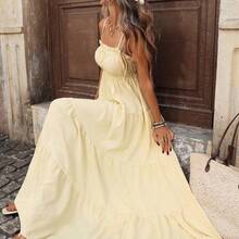 PariChic Women's French Style Vacation Spaghetti Strap Frill Trim Waist Fitted Long Textured Yellow Dress, Spring/Summer Yellow Maxi Dress Women Women Vacation Dress Yellow Sundress Women Long Sundress - Verde militar - Ver 6