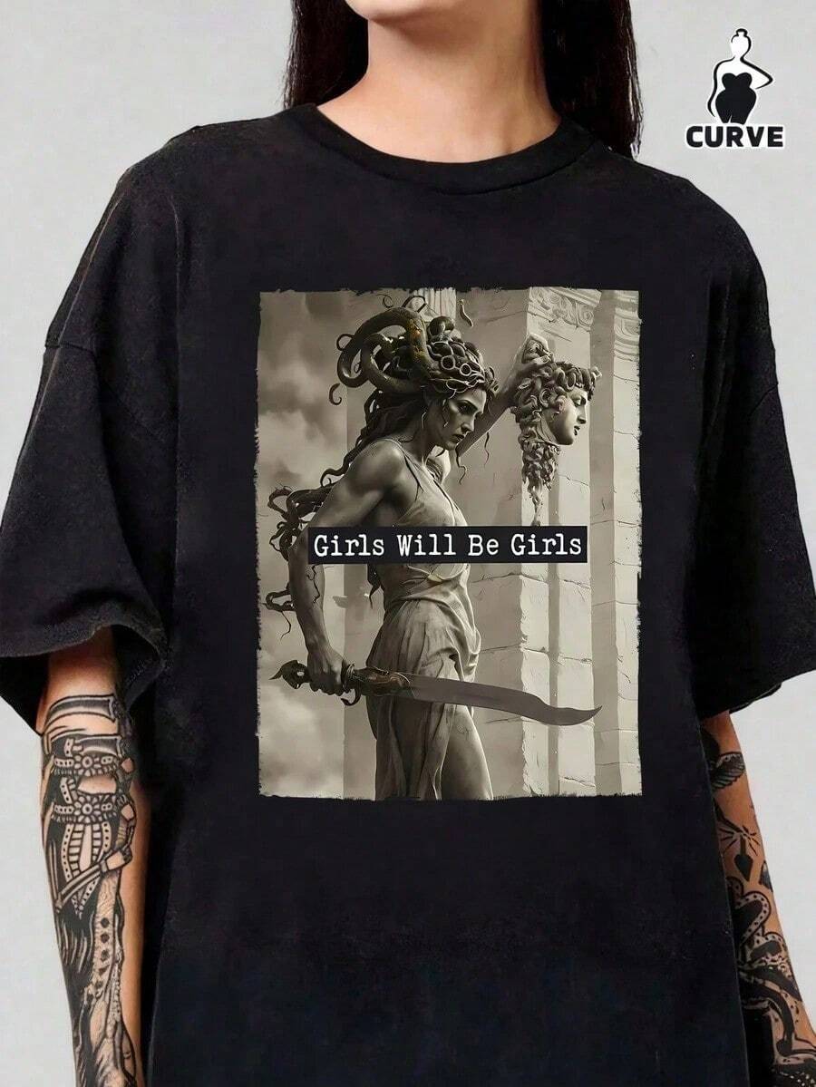 Camiseta de Verano para Mujeres con Estampado de Cabeza de Medusa y Perseus, Cuello Redondo, Manga Corta, Simple, Casual, Diario, Negra, Talla Grande - Negro - Ver 1